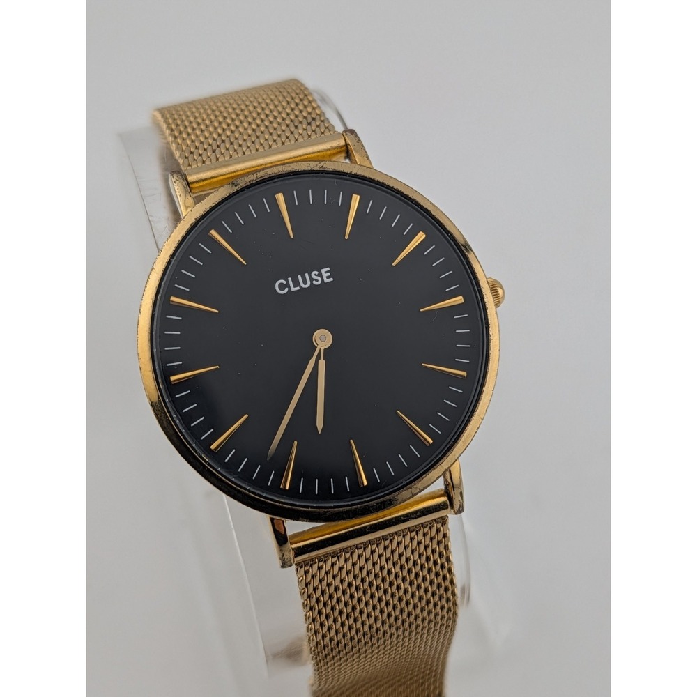 Cluse Watch Women 38mm Case Black Dial Gold Mesh‎ Metal Band- New Battery